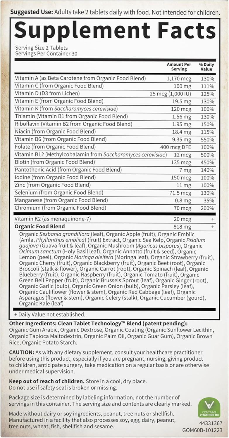 Supplement facts and organic ingredient list for Men's Multivitamin.