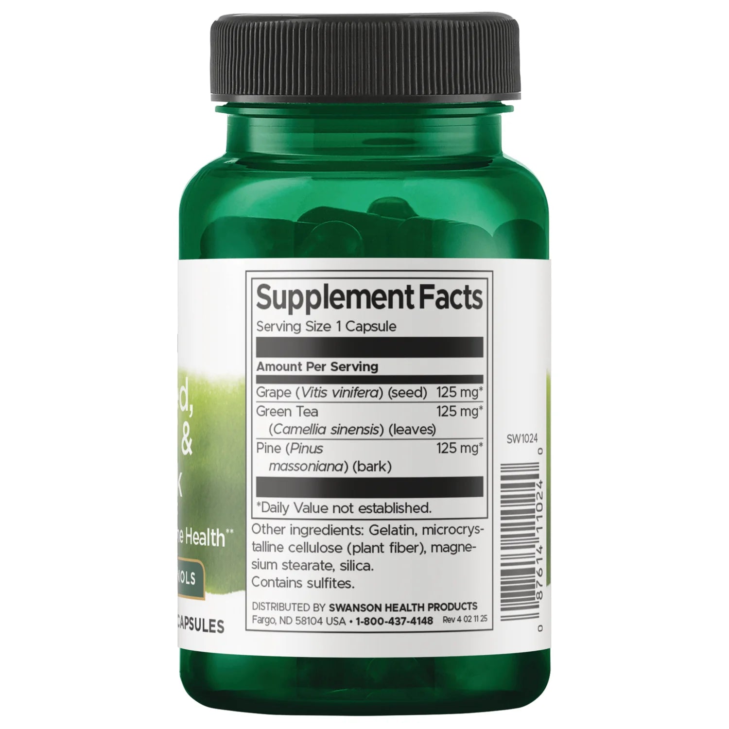 Swanson Grape Seed Green Tea Pine Bark herbal supplement capsule bottle 60 capsules supplement facts ingredients & barcode panel
