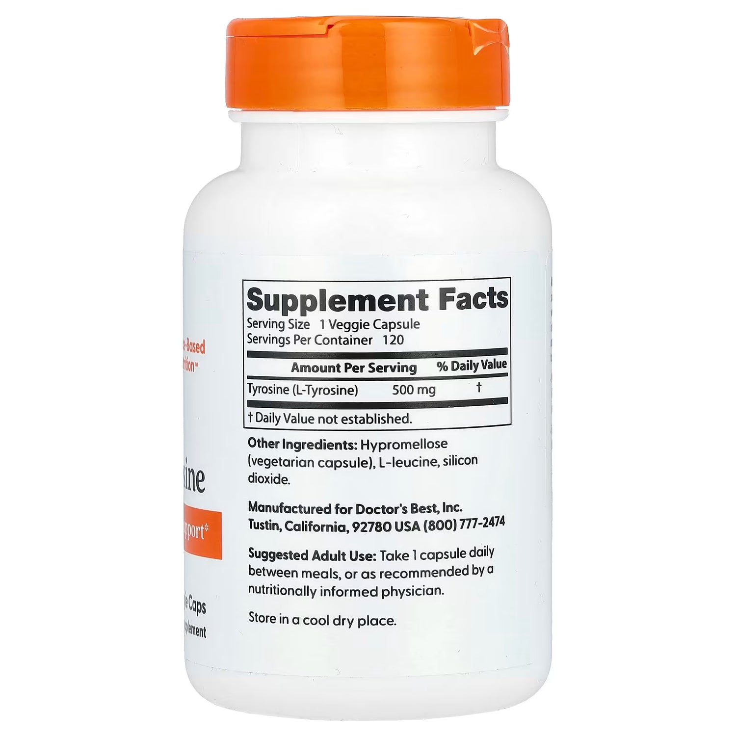 Back: Supplement facts panel for Doctor's Best L-Tyrosine bottle, showing ingredients and dosage.
