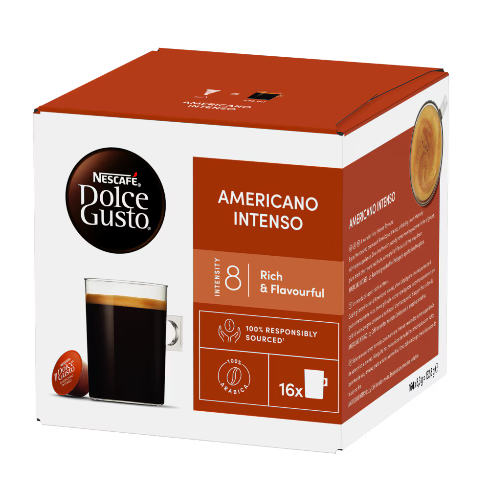 Front: NESCAFÉ Dolce Gusto Americano Intenso Coffee Pods 48-serving box.