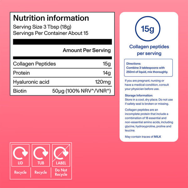 Supplement facts & ingredients image: Vital Proteins Beauty Collagen Peptides powder strawberry lemon tub 271g ingredients label