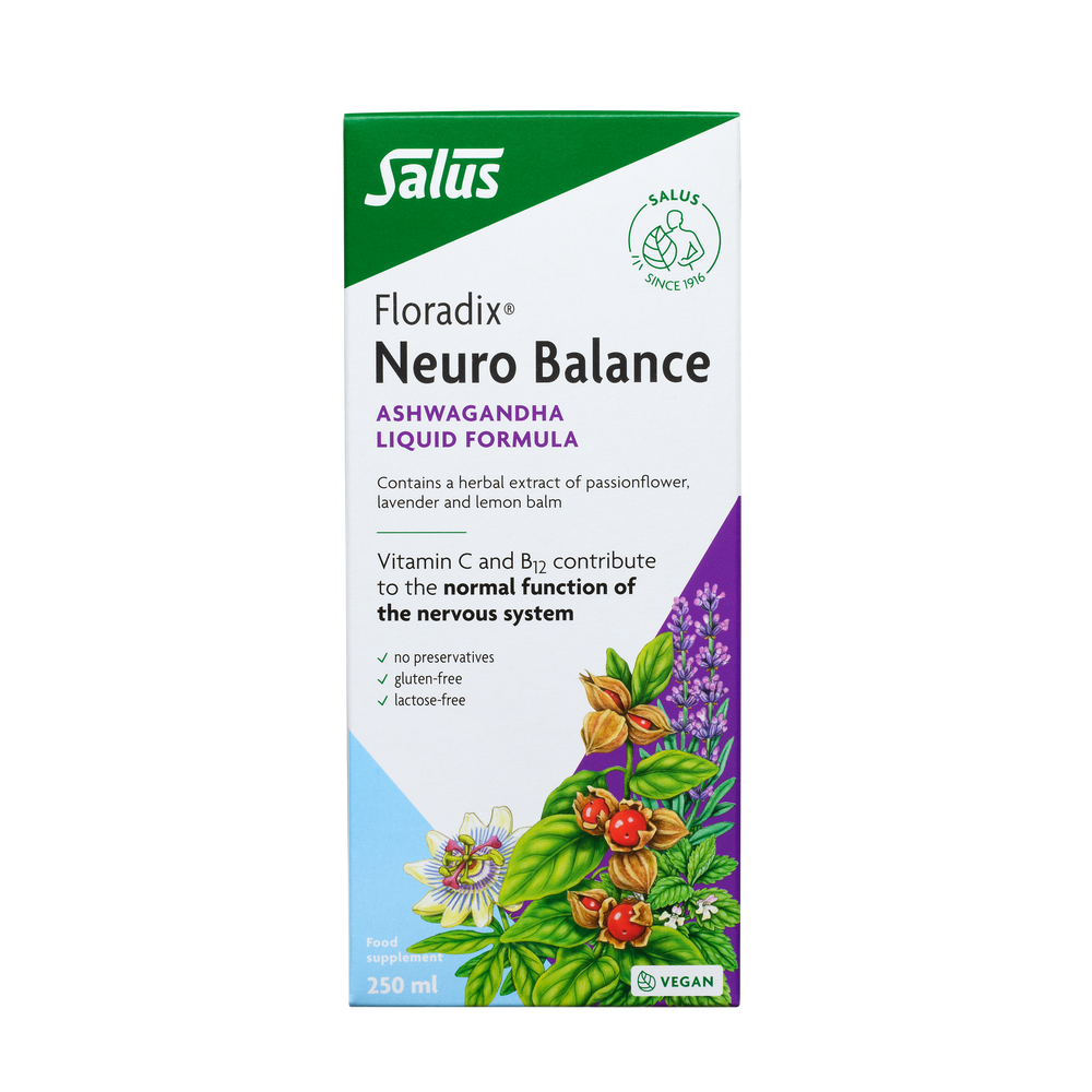 Floradix Neuro Balance Ashwagandha Liquid Formula box, 250ml.