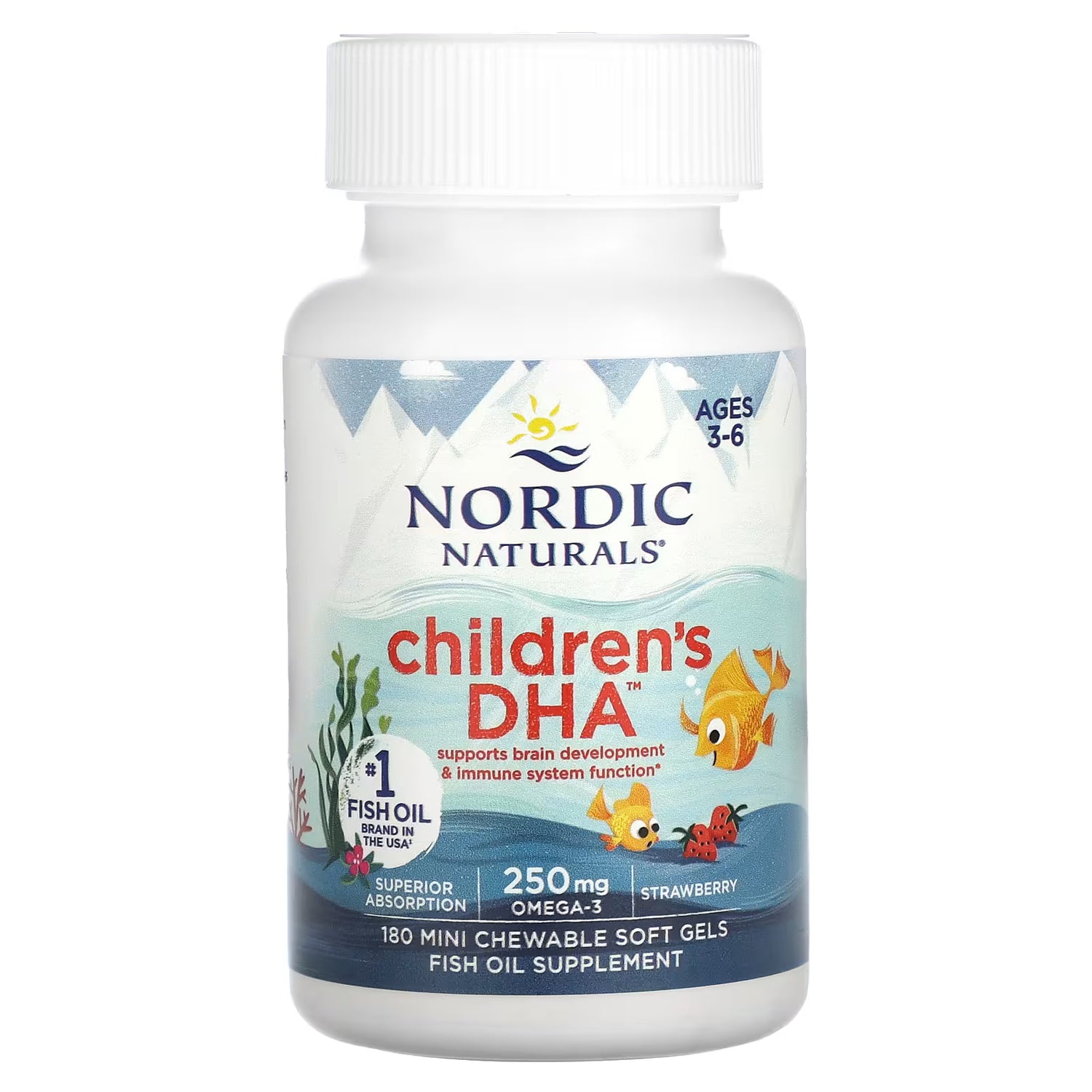 Nordic Naturals Children's DHA Strawberry Chewable 180 Soft Gels bottle for kids.