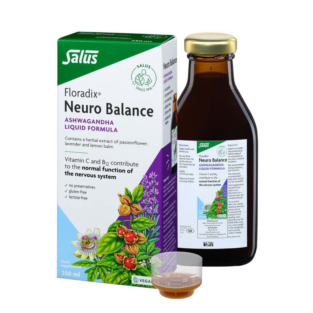 Floradix Neuro Balance Ashwagandha Liquid Formula bottle, box & dosage 250ml.