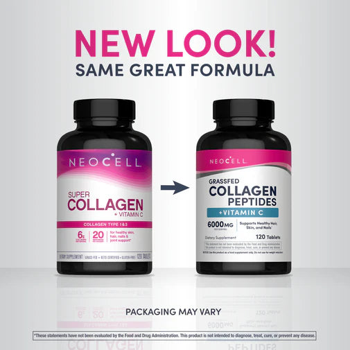 NeoCell Super Collagen Plus Vitamin C Tablets 360-count bottle. Old & new packaging.