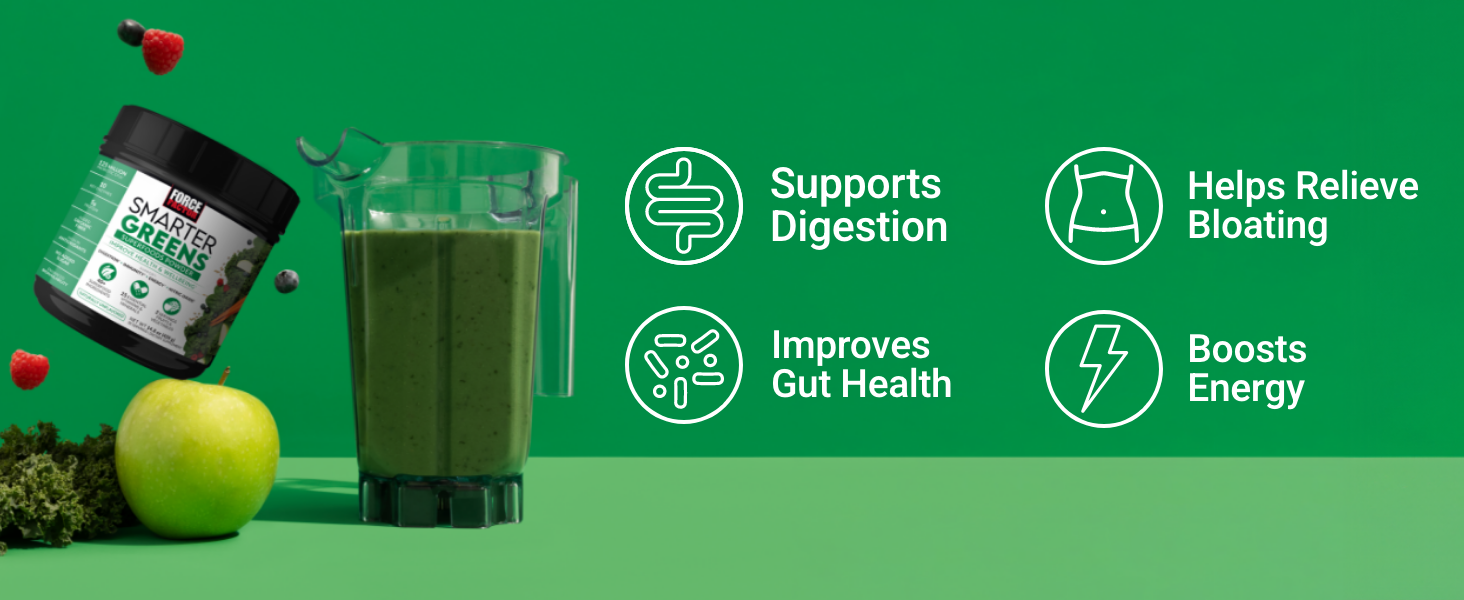 Green supplement jar, blender with green smoothie, and apple on a green background with health benefits text.