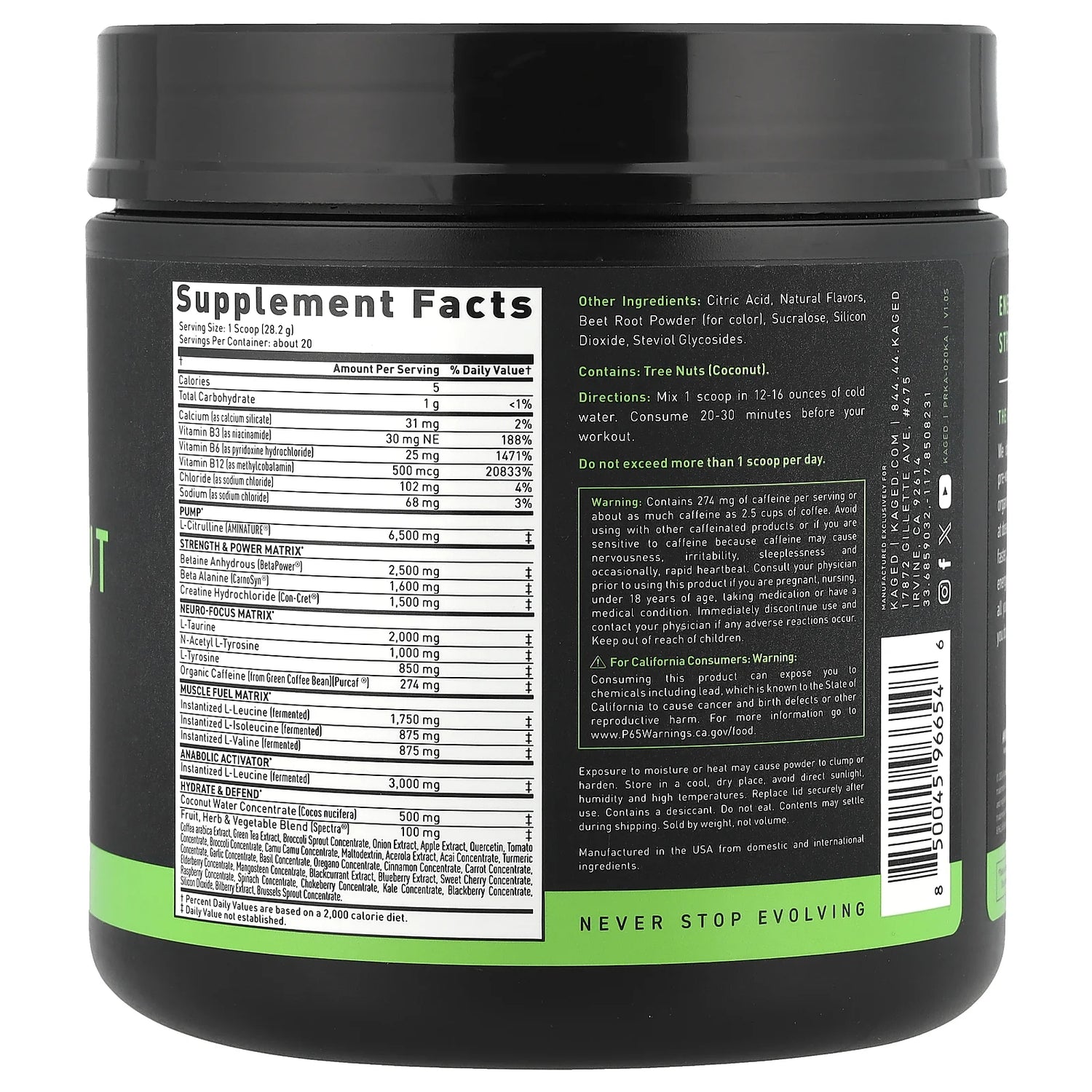 Kaged Original supplement powder nutrition label 564g and barcode