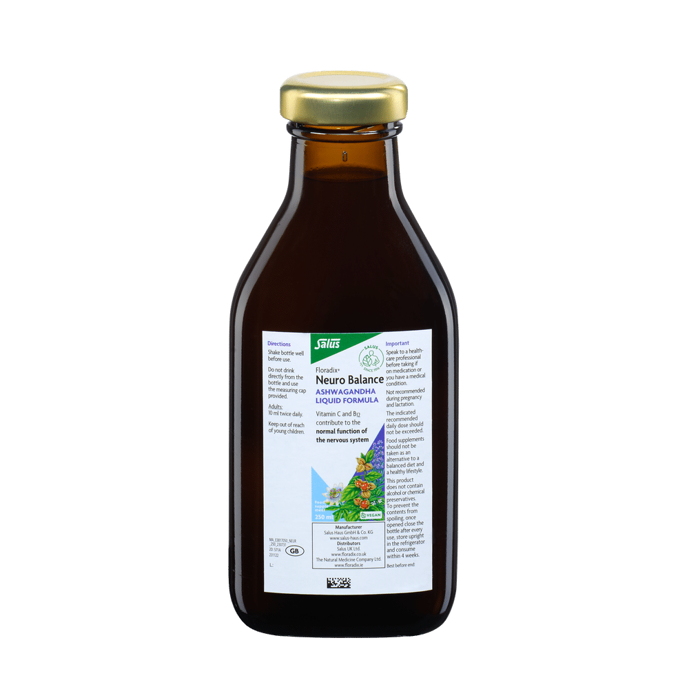 Floradix Neuro Balance Ashwagandha Liquid Formula bottle, 250ml.