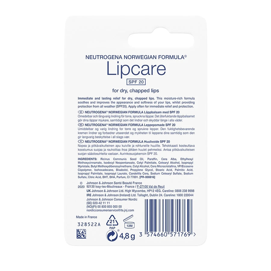 Back of Neutrogena SPF 20 Lip Balm packaging showing SPF details, ingredients and barcode.
