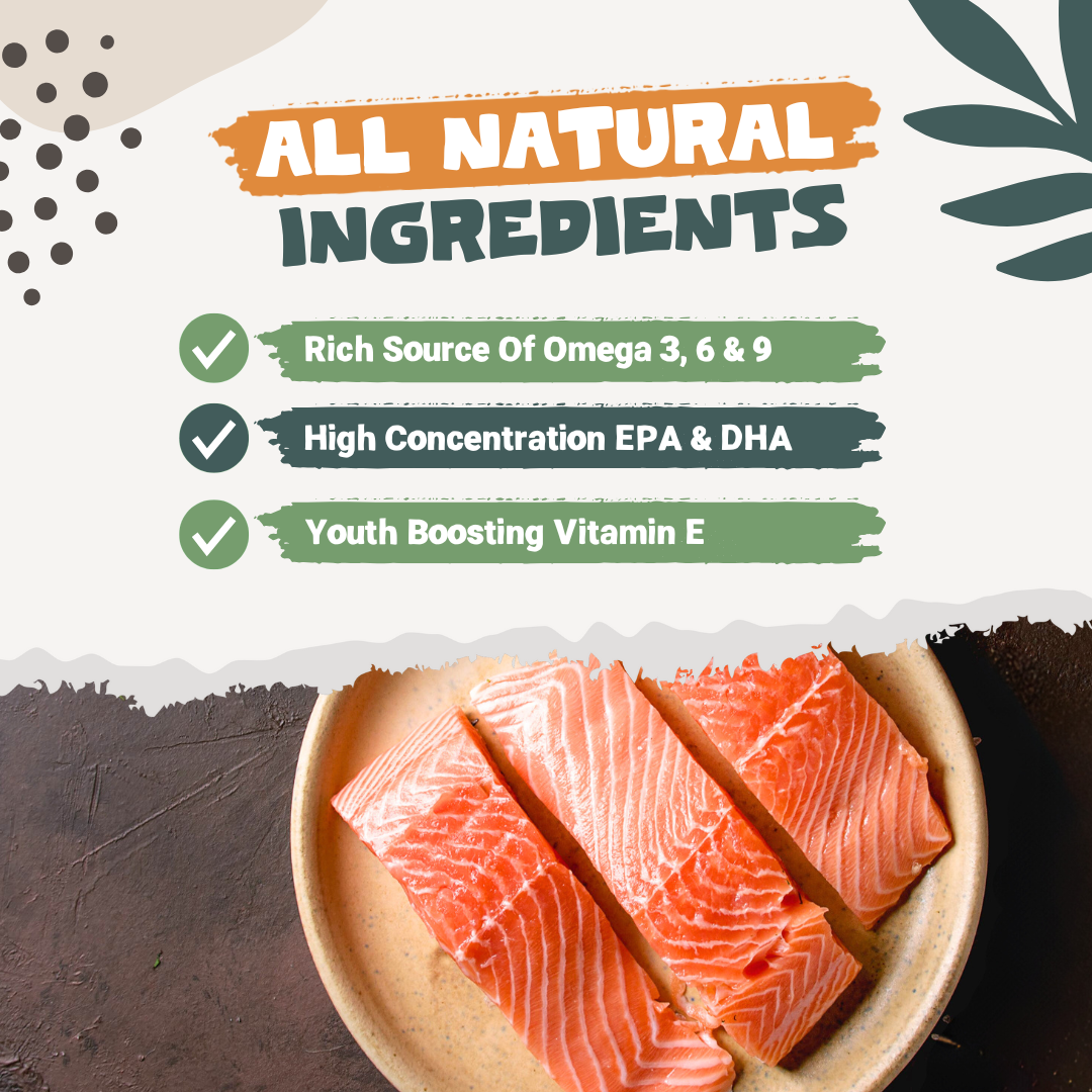 Pets Purest salmon oil ingredients and product information panel on packaging