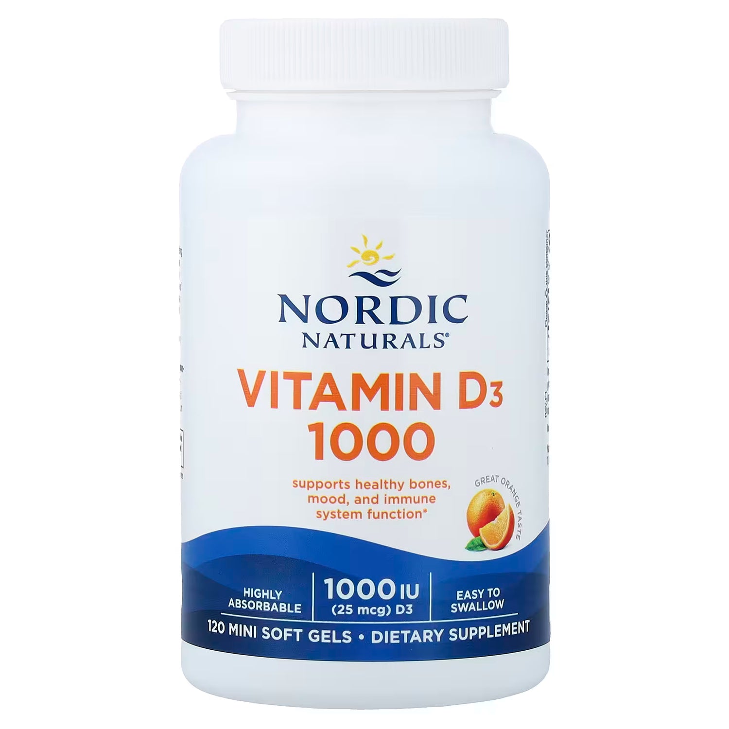 Nordic Naturals Vitamin D3 1000 IU Orange Flavour bottle with 120 mini softgels.