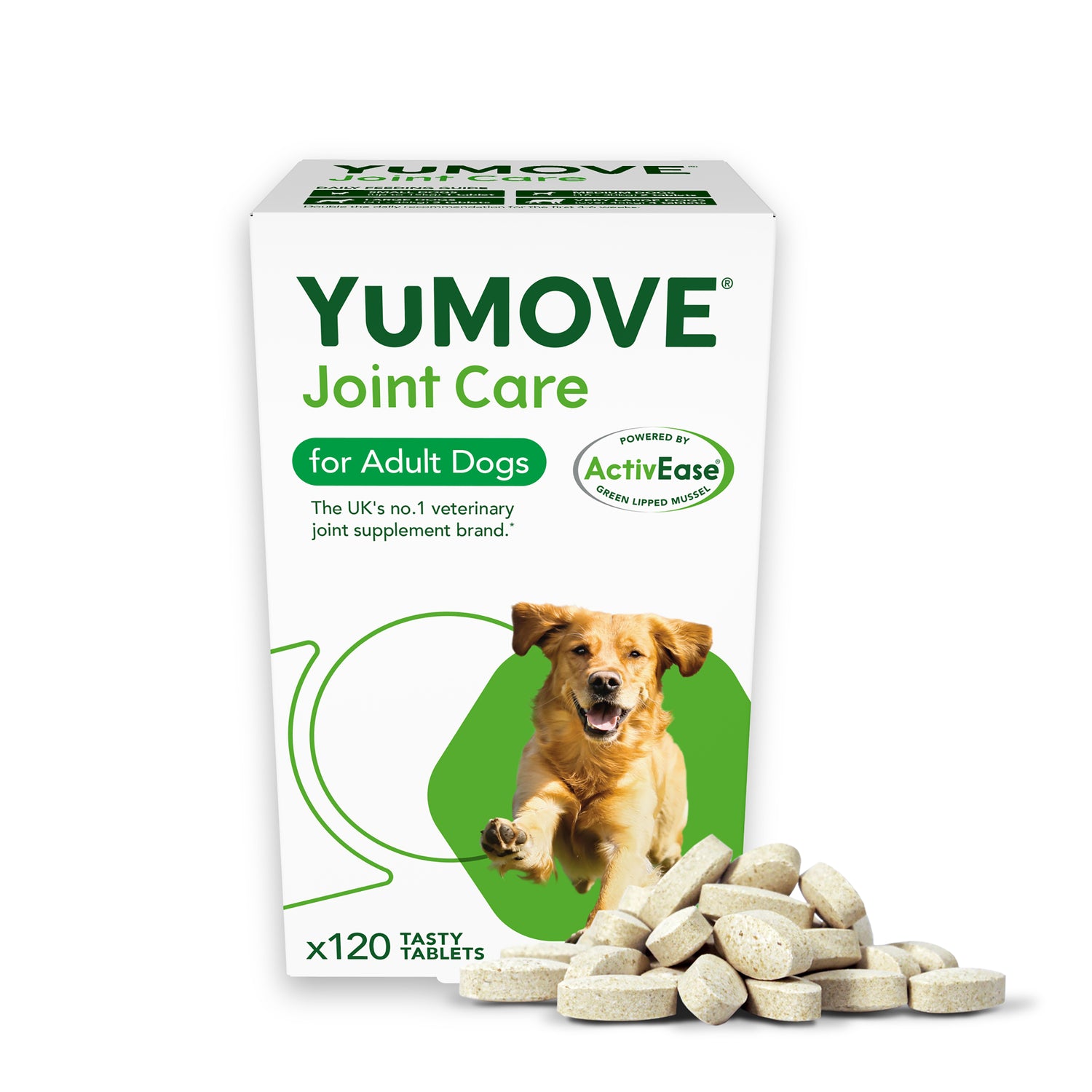 YuMOVE Adult Dog Joint Care Tablets 120 tablets front packaging on white background