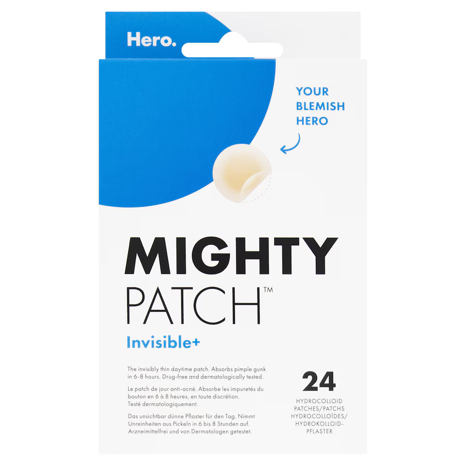 Hero Mighty Patch Invisible+ clear hydrocolloid acne patches, 24 count box.