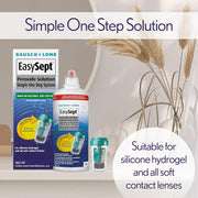 Bausch & Lomb EasySept contact lens solution packaging with a vase of dried plants in the background.