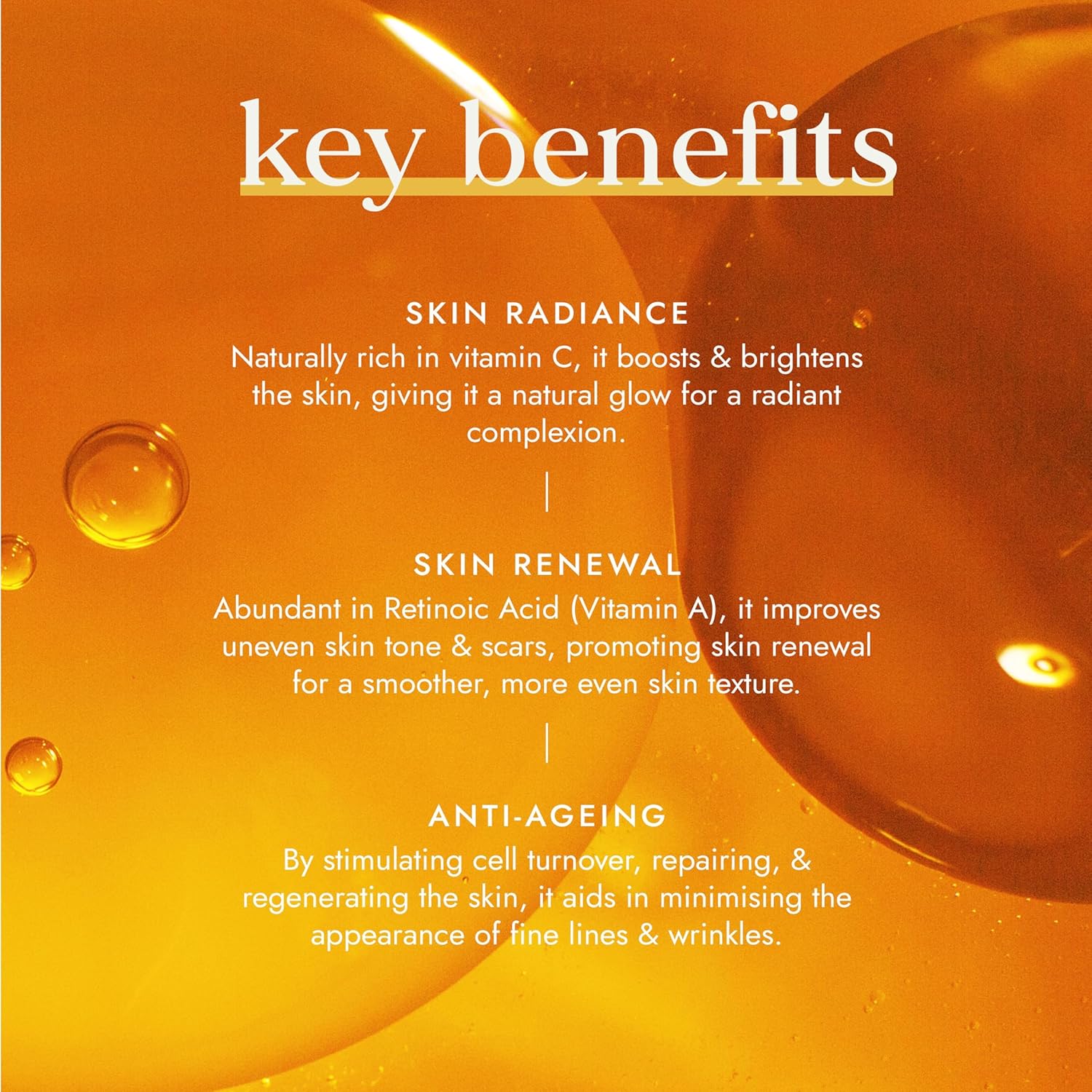 Key benefits of a skincare product on an orange background with droplets.
