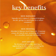 Key benefits of a skincare product on an orange background with droplets.