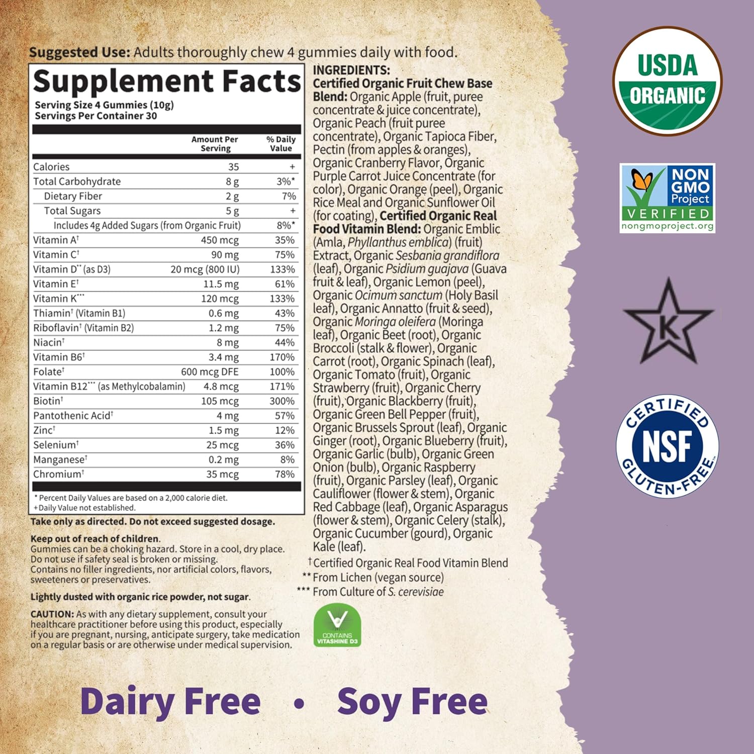 Supplement facts panel and ingredients list for Organic Prenatal Gummies on white background.