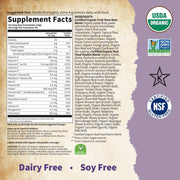 Supplement facts panel and ingredients list for Organic Prenatal Gummies on white background.