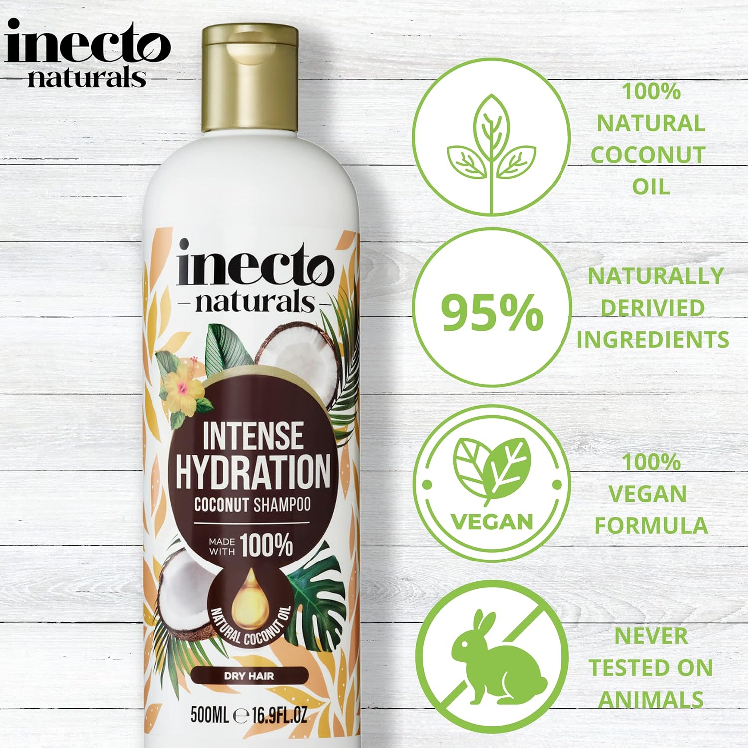 Inecto Naturals Intense Hydration Coconut Shampoo bottle coconut fragrance 500ml ingredients and product information panel