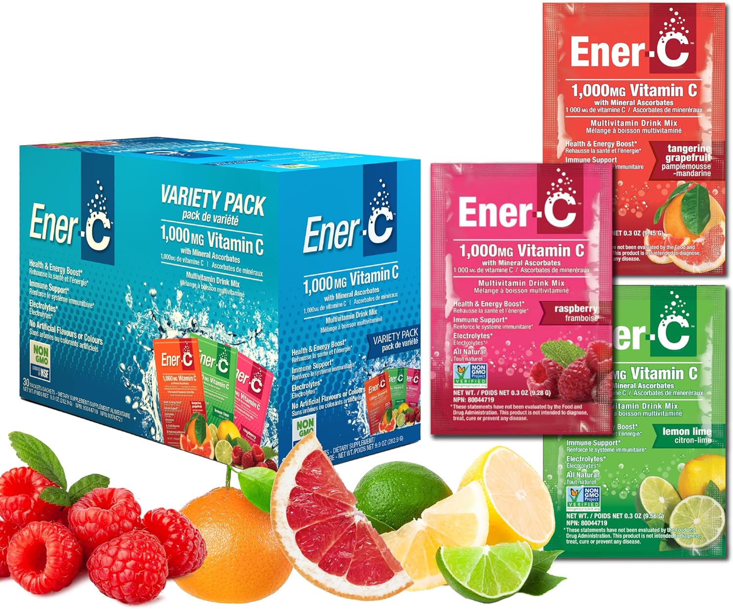Ener-C Variety Pack vitamin powder mix box front label 30 sachets on white background