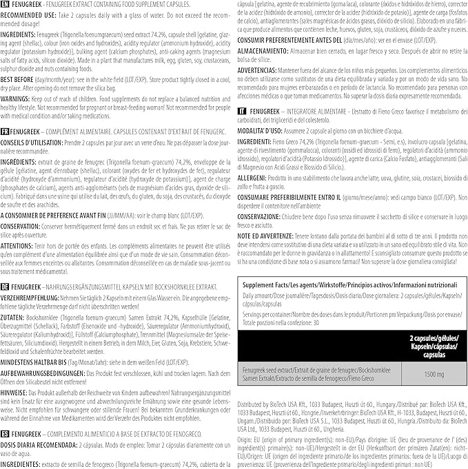 Supplement facts label highlighting 1500mg Fenugreek Seed Extract.