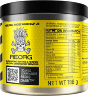 Supplement container with yellow label featuring nutritional information and REORG branding.