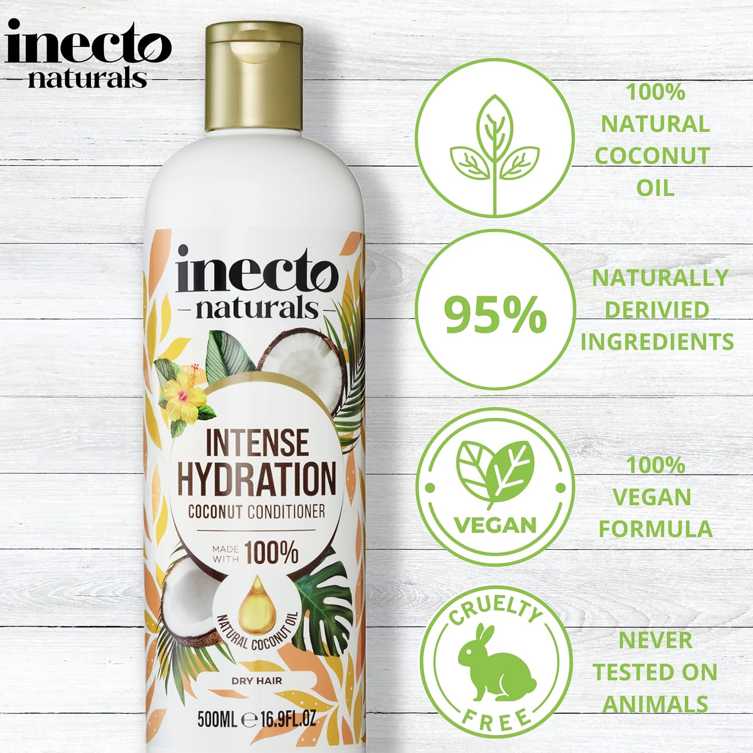 Inecto Naturals Intense Hydration Coconut Conditioner bottle coconut fragrance 500ml ingredients and product information panel