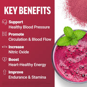 Pink smoothie with mint leaf on a white background, featuring key benefits text on a red background.