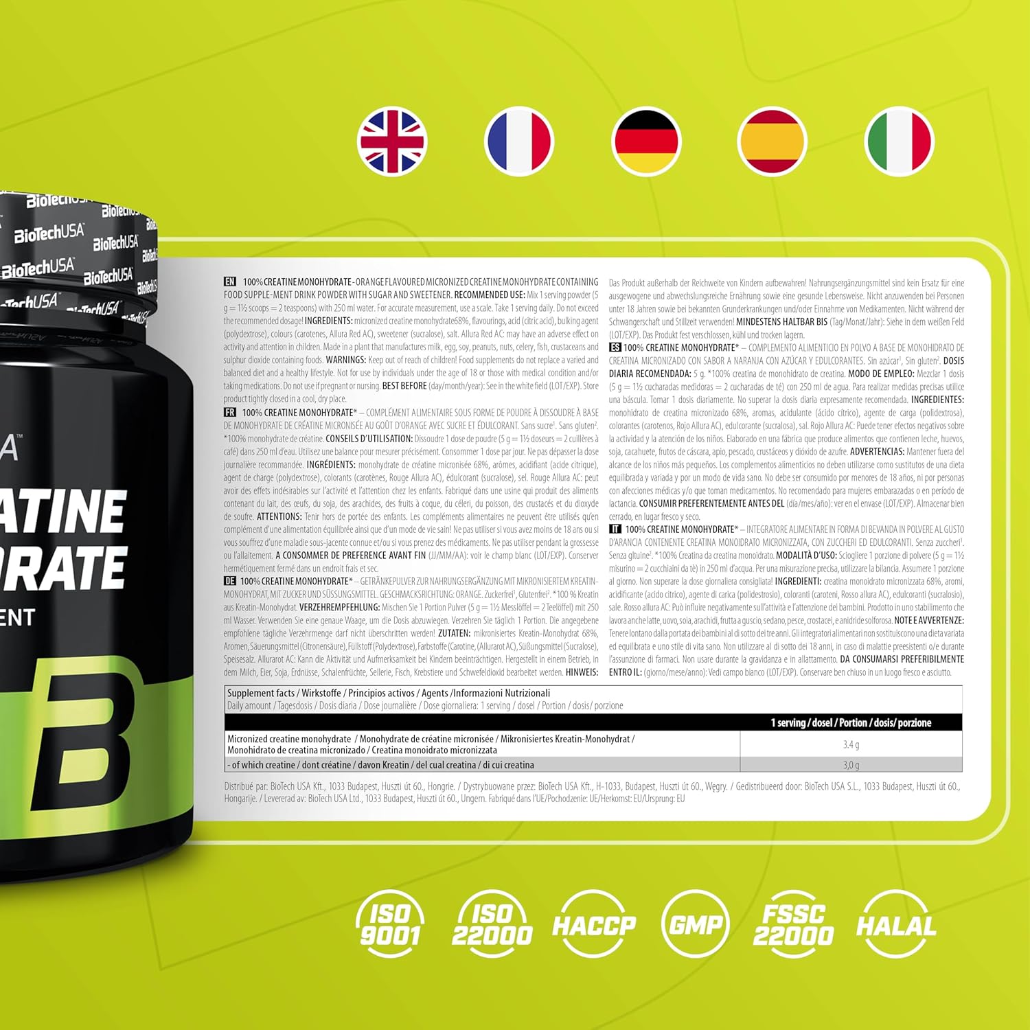 BioTechUSA Creatine Monohydrate Powder Orange Flavour 