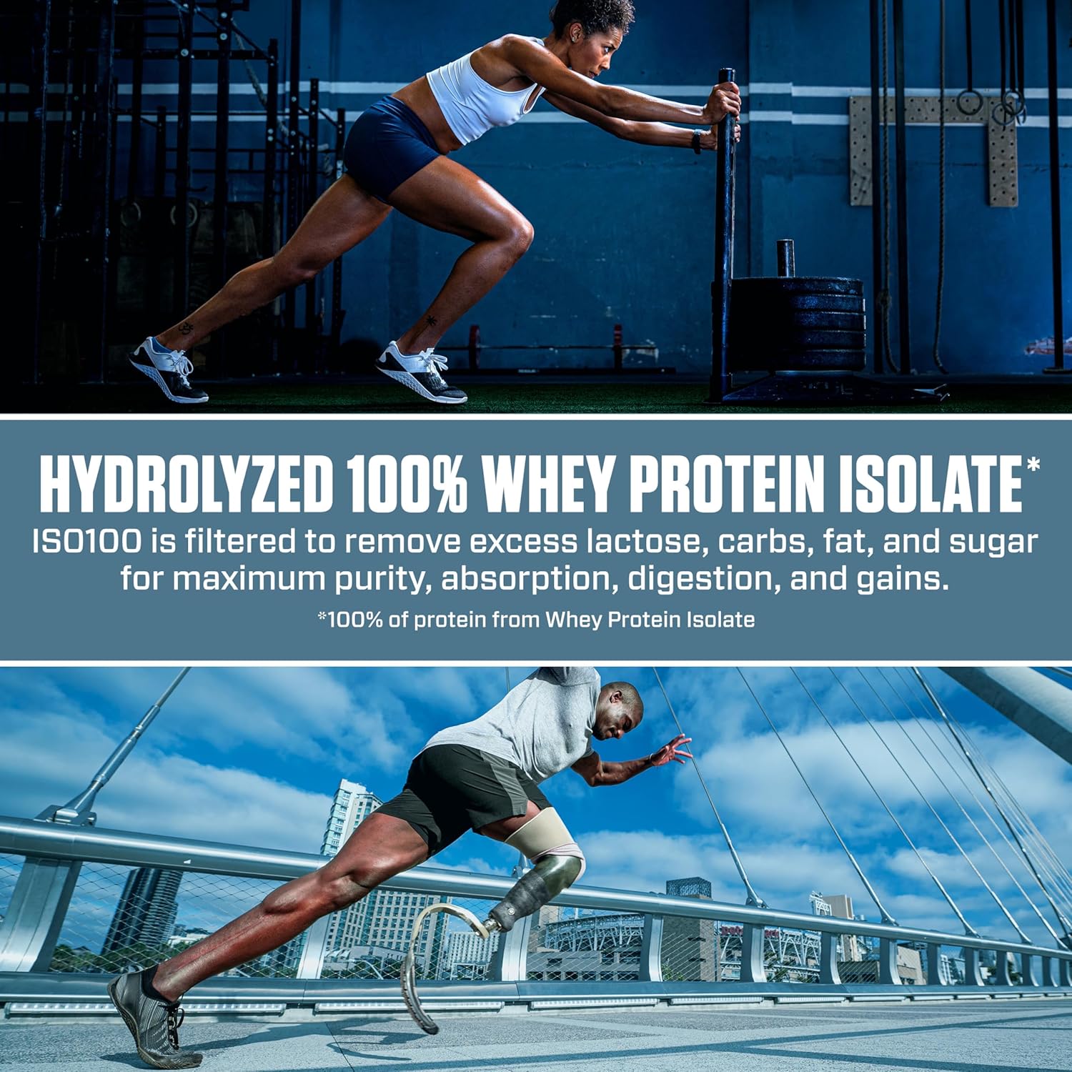 Person exercising with text about hydrolyzed 100% whey protein isolate.