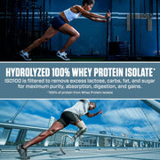 Person exercising with text about hydrolyzed 100% whey protein isolate.