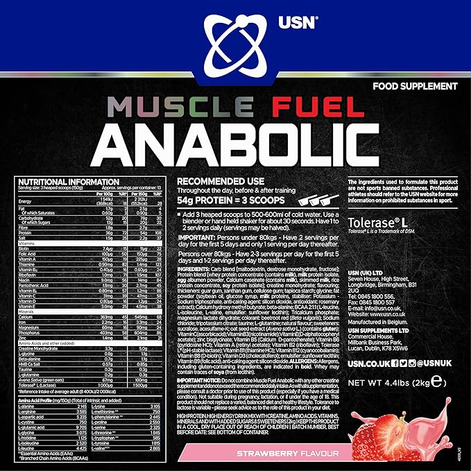 Back label of USN Muscle Fuel Anabolic with nutrition facts.