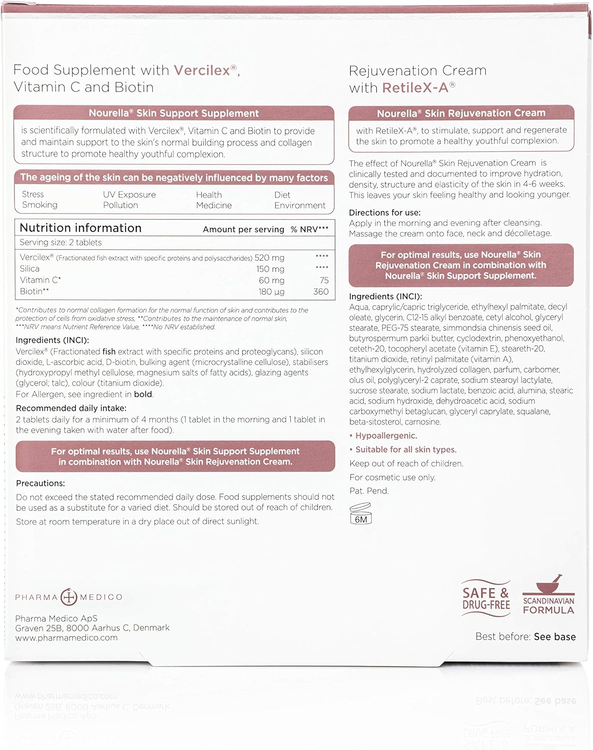 Nutritional info, ingredients list, and directions for Nourella Skin Support System.