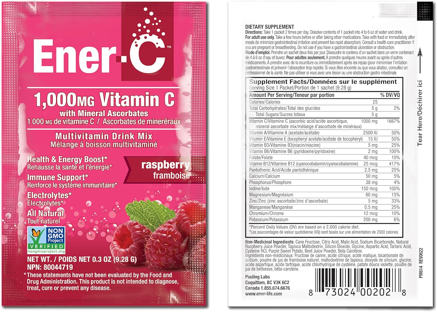 Ener-C Raspberry vitamin powder mix front label 9.28g sachets with barcode
