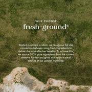 Text about 'fresh-ground' brand on a green natural background
