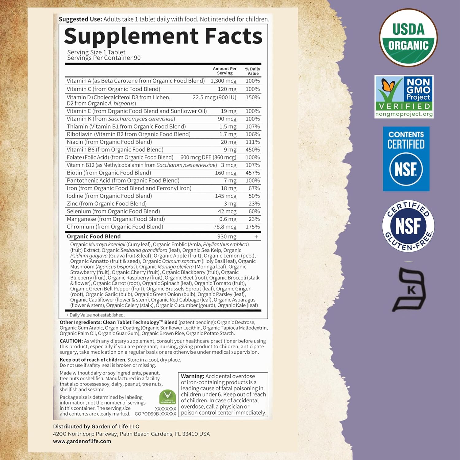 Garden of Life Organics Prenatal Once Daily supplement facts