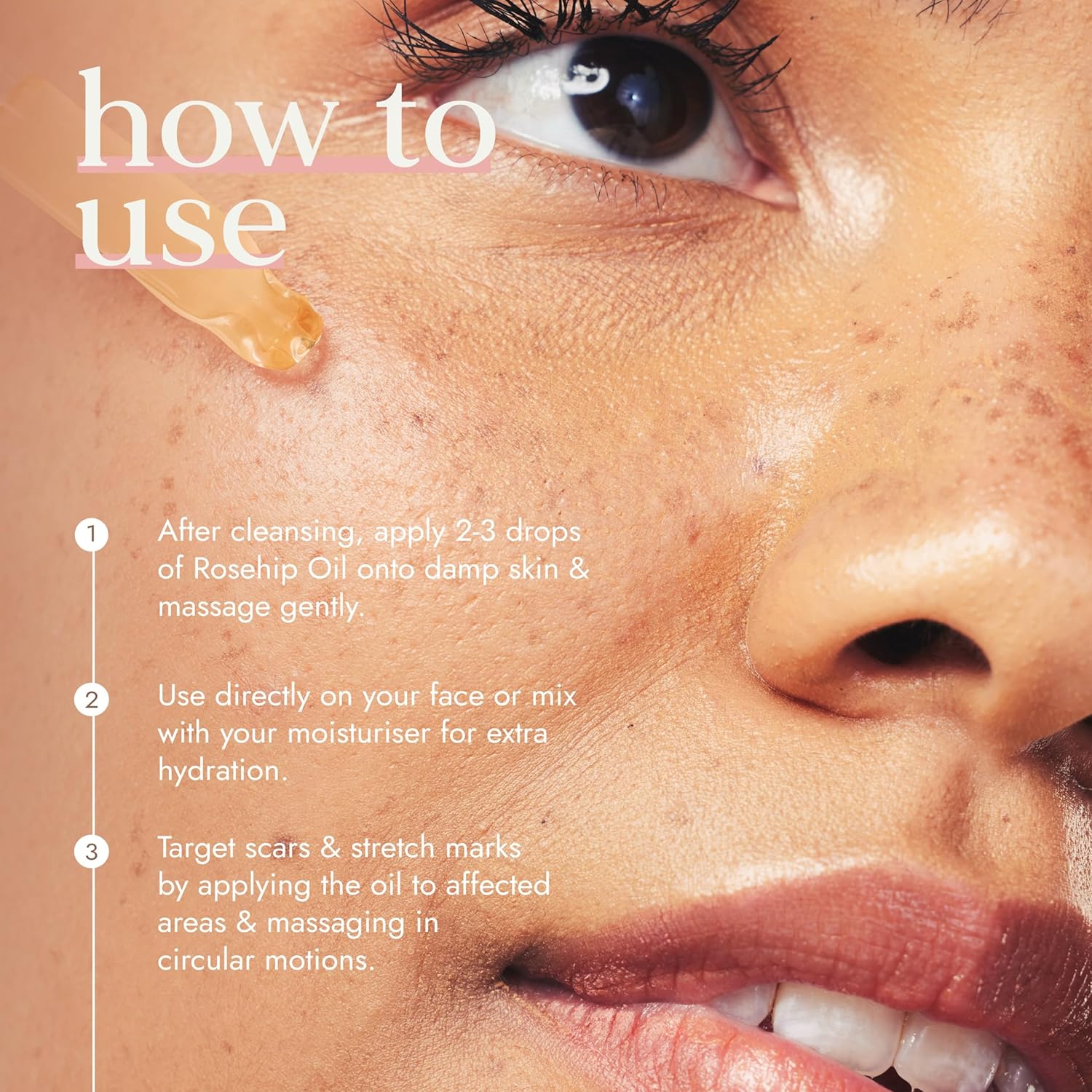 Close-up of a person's face with text on how to use Roship Oil, showing a drop of oil on skin.