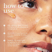 Close-up of a person's face with text on how to use Roship Oil, showing a drop of oil on skin.