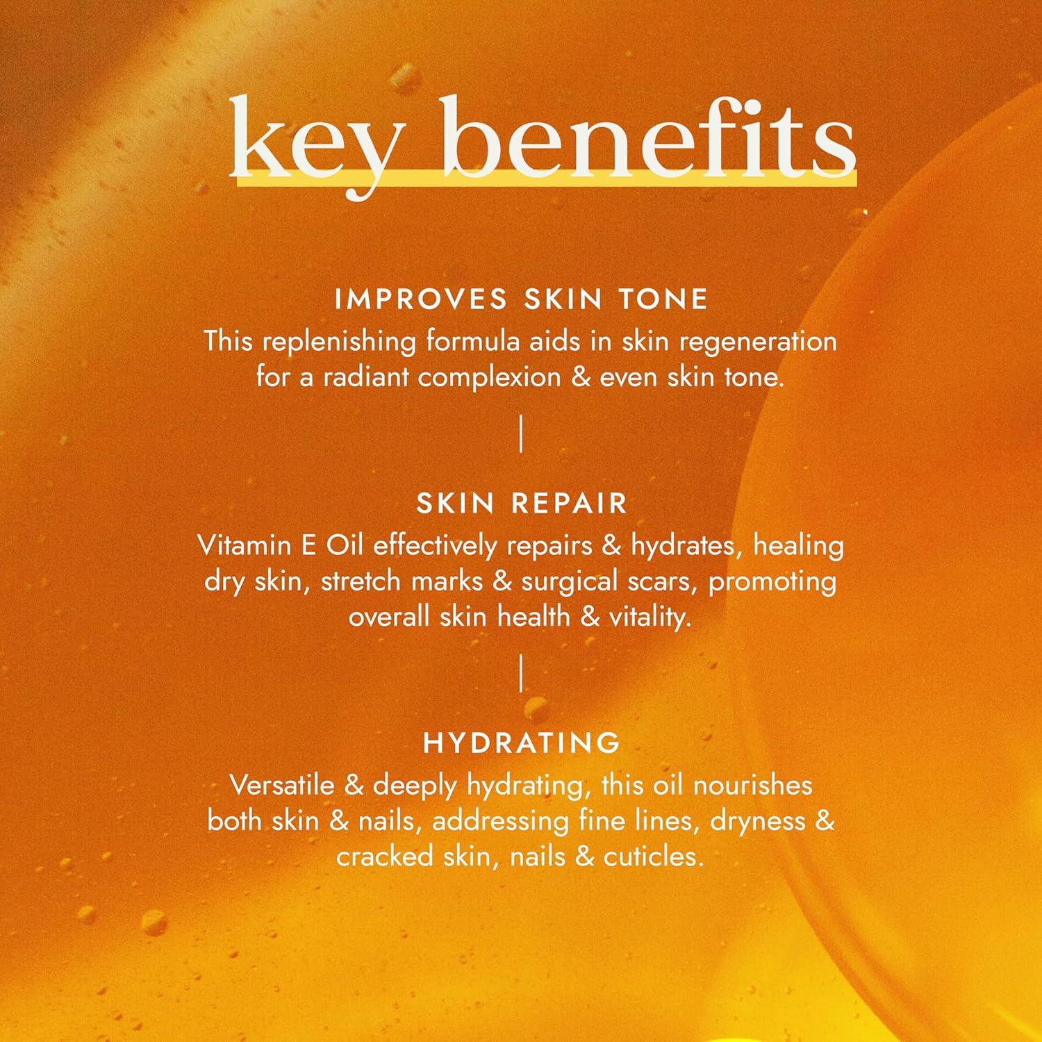 Key benefits of a skin care product on an orange background