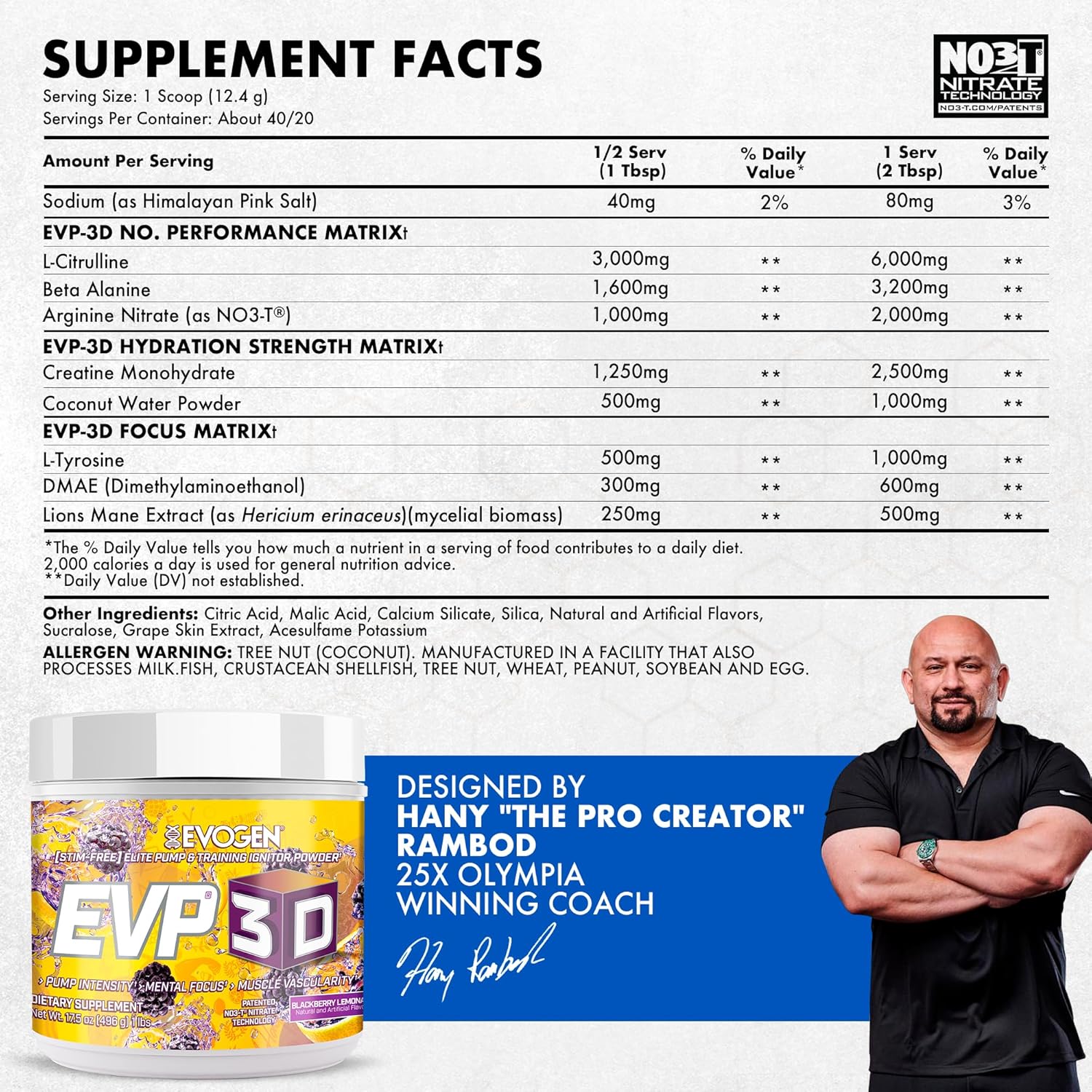 Evogen EVP-3D BlackBerry Lemonade 496g supplement facts label