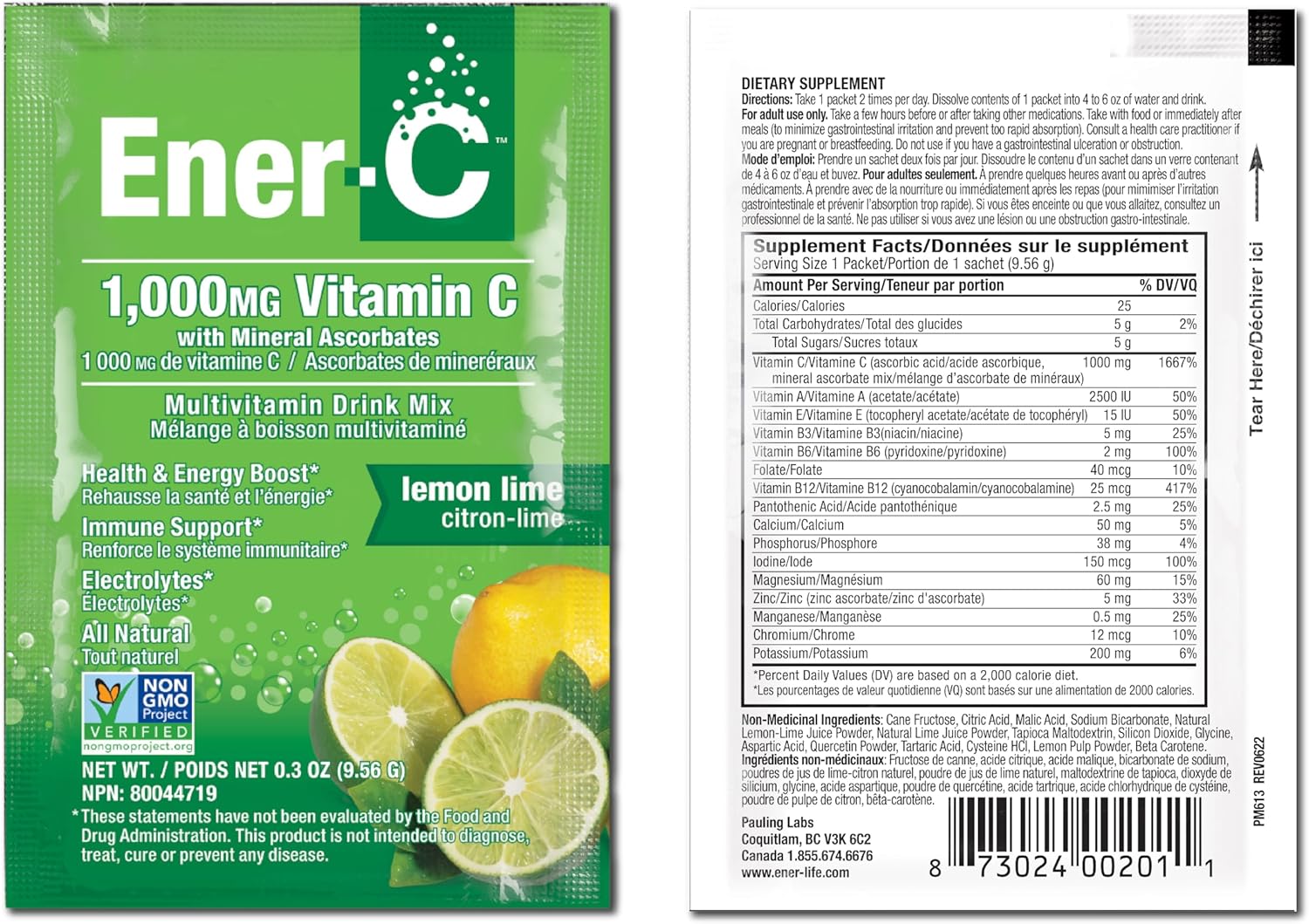 Ener-C Lemon Lime vitamin powder mix front label 9.56g sachets with barcode
