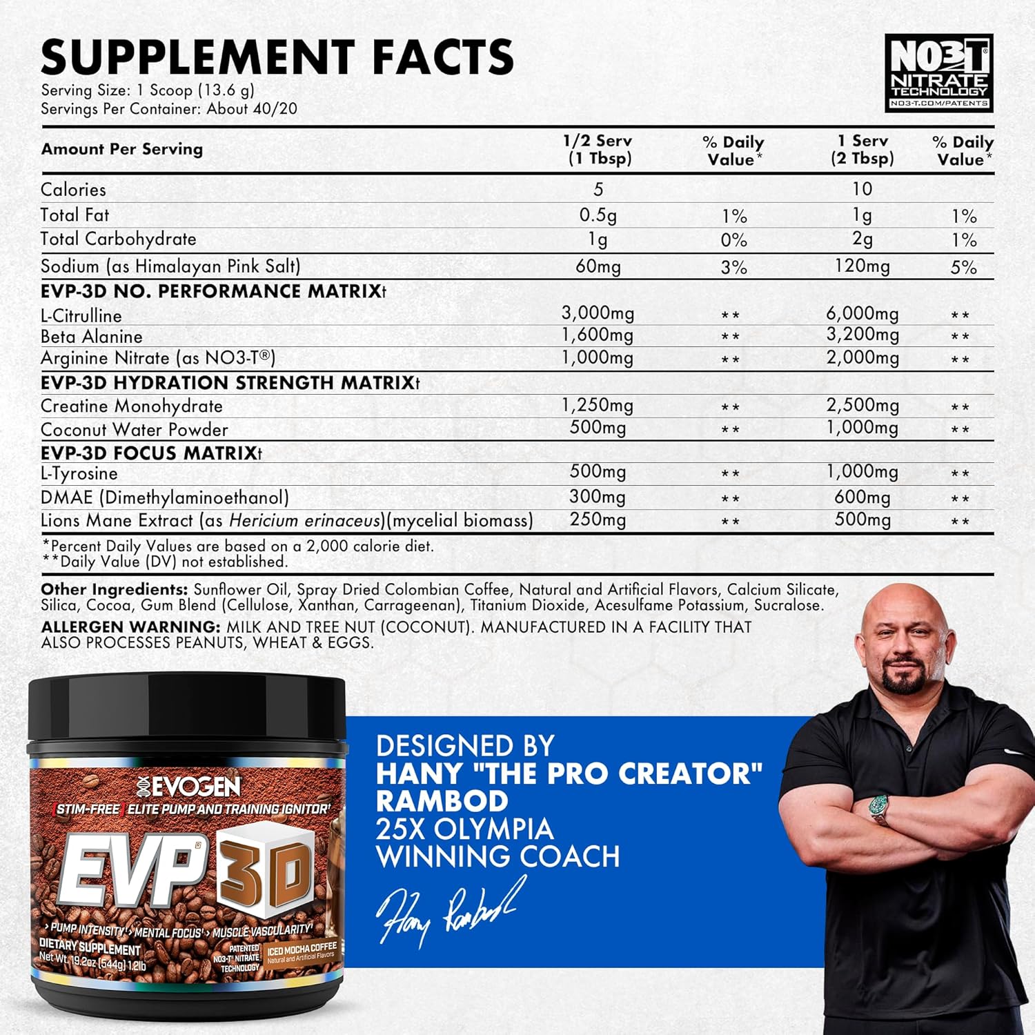 Evogen EVP-3D Iced Mocha 544g supplement facts label