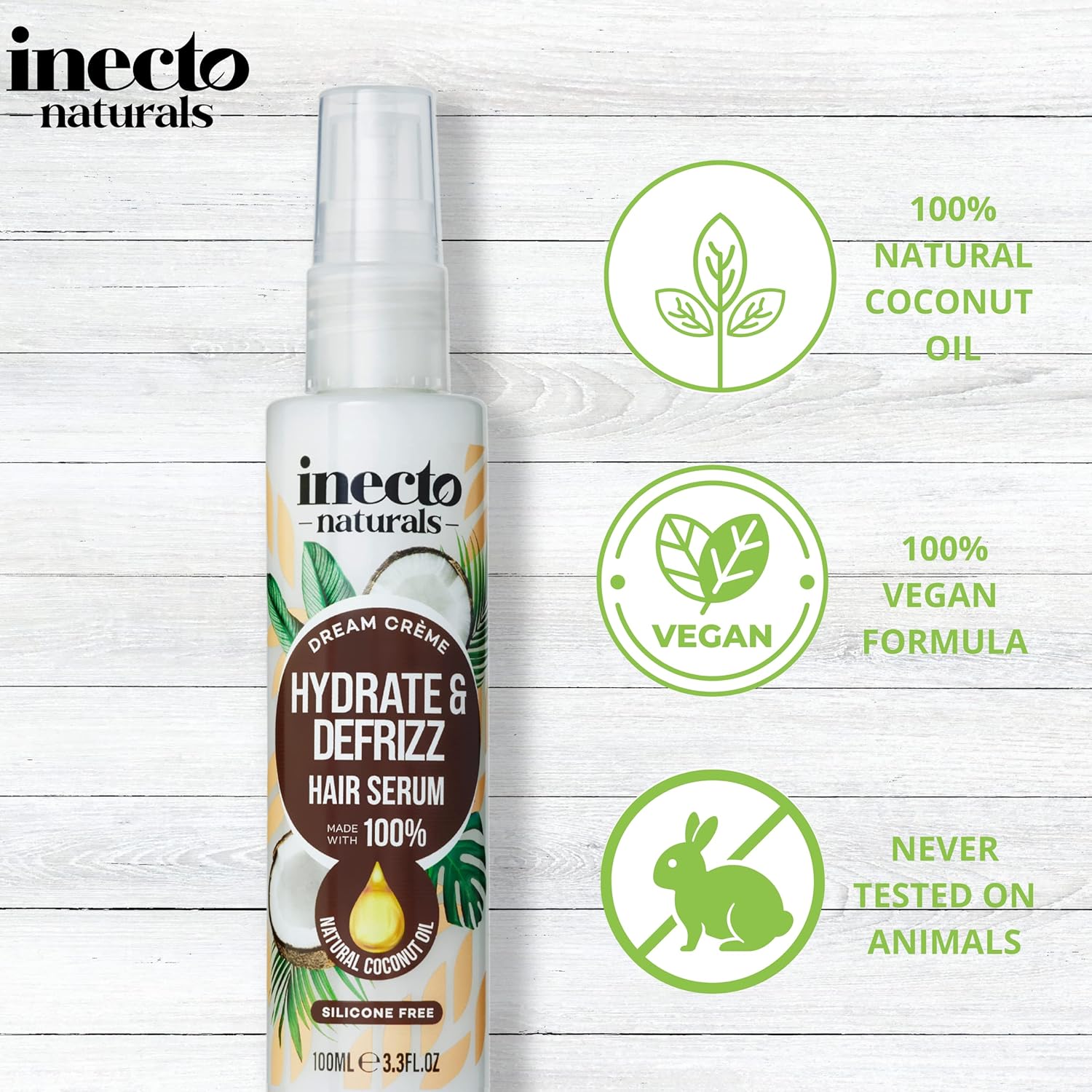 Inecto Naturals Dream Crème Hydrate & Defrizz Hair Serum tube coconut fragrance 100ml ingredients and product information panel