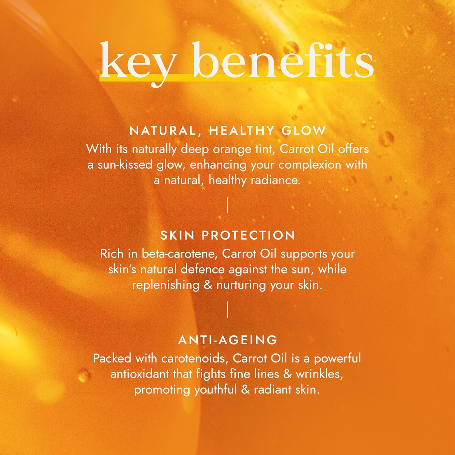 Key benefits of Carrot Oil on an orange background