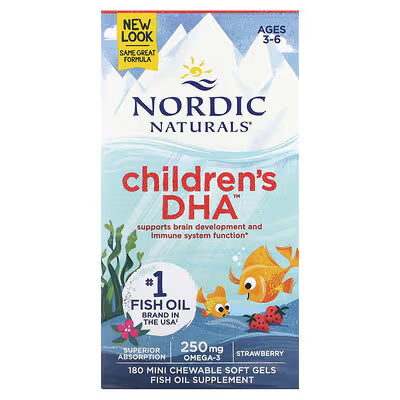 Nordic Naturals Children's DHA Strawberry Chewable 180 Soft Gels box for kids.