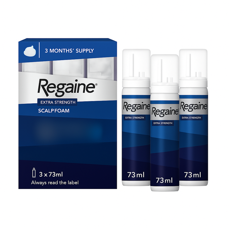 Regaine Extra Strength Scalp Foam packaging with three bottles on a white background