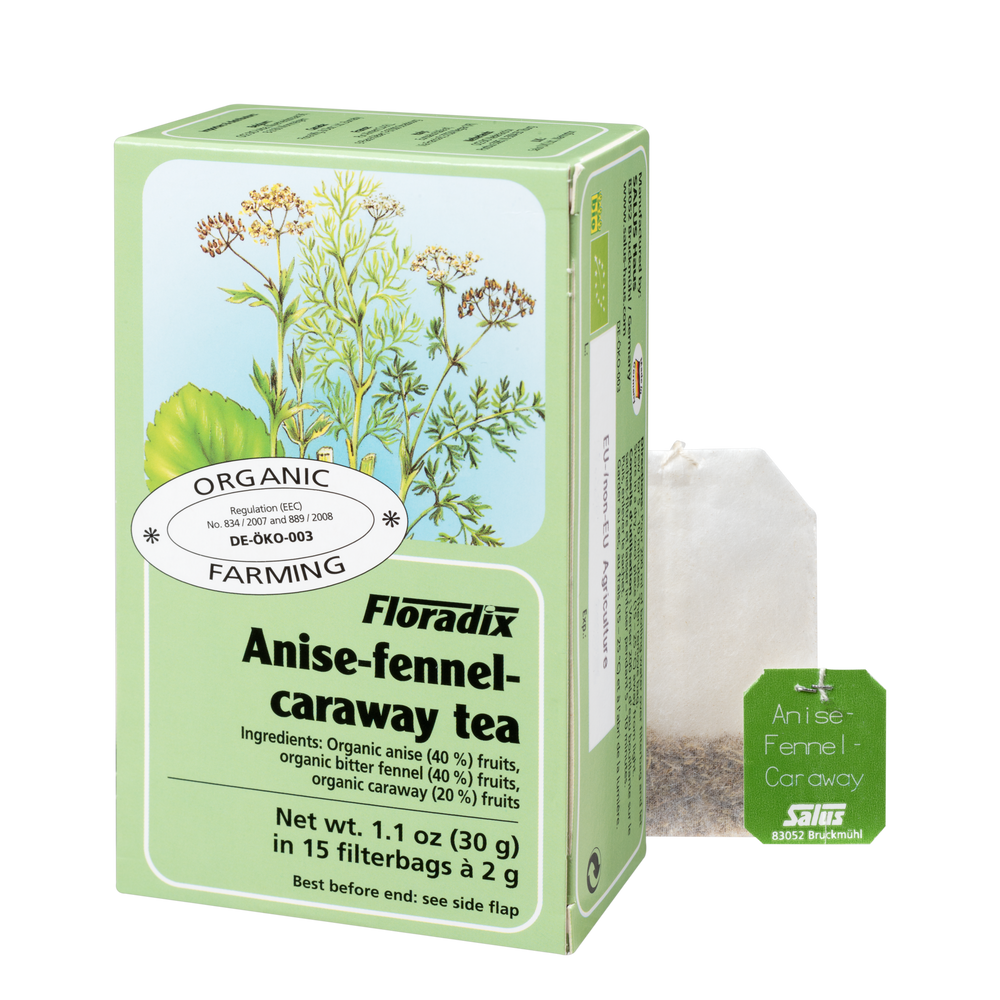 Floradix Organic Anise Fennel Caraway Herbal Tea blend box, 15 teabags.