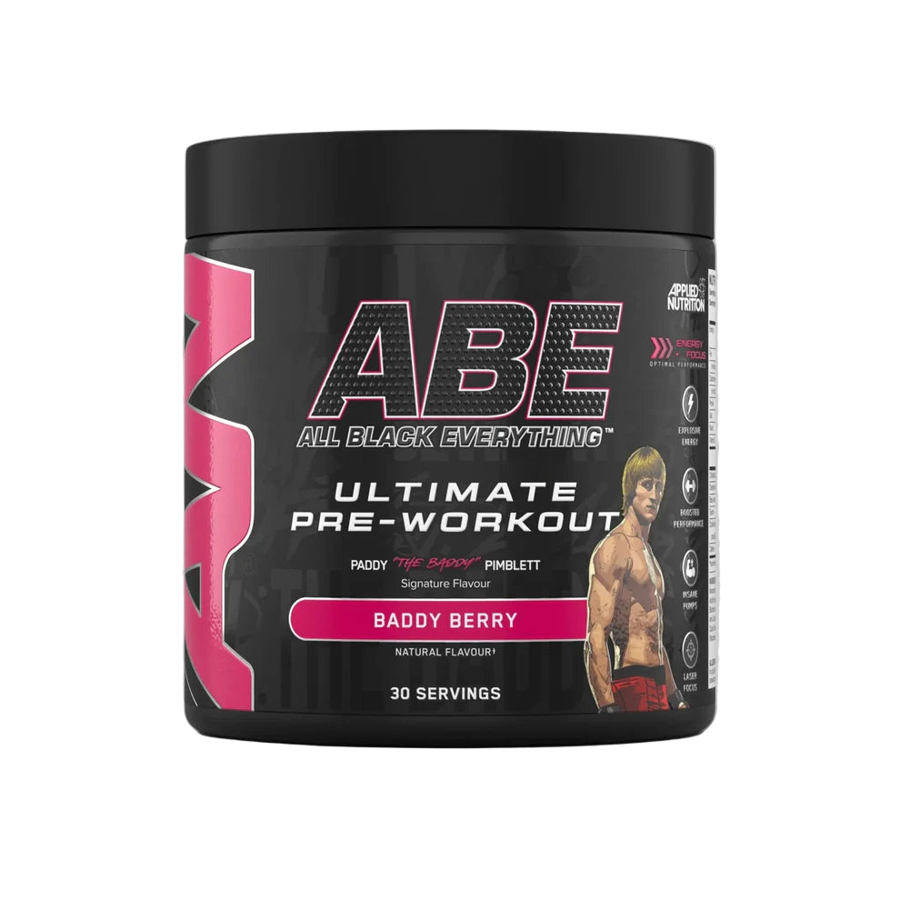 Pre-workout supplement container with 'A.B.E.' branding on a white background