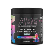 Black pre-workout supplement container with colorful label on a gray background
