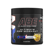 Black pre-workout supplement container with 'ABE' branding on a gray background
